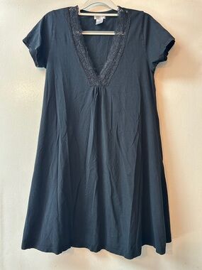 Black Lace-Trim V-Neck Swing Sleep Dress- 100% cotton